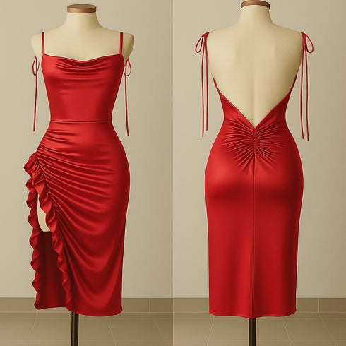 (30%) OFF - Silk Ruched Midi Dress with Side Ruffle & Deep Back