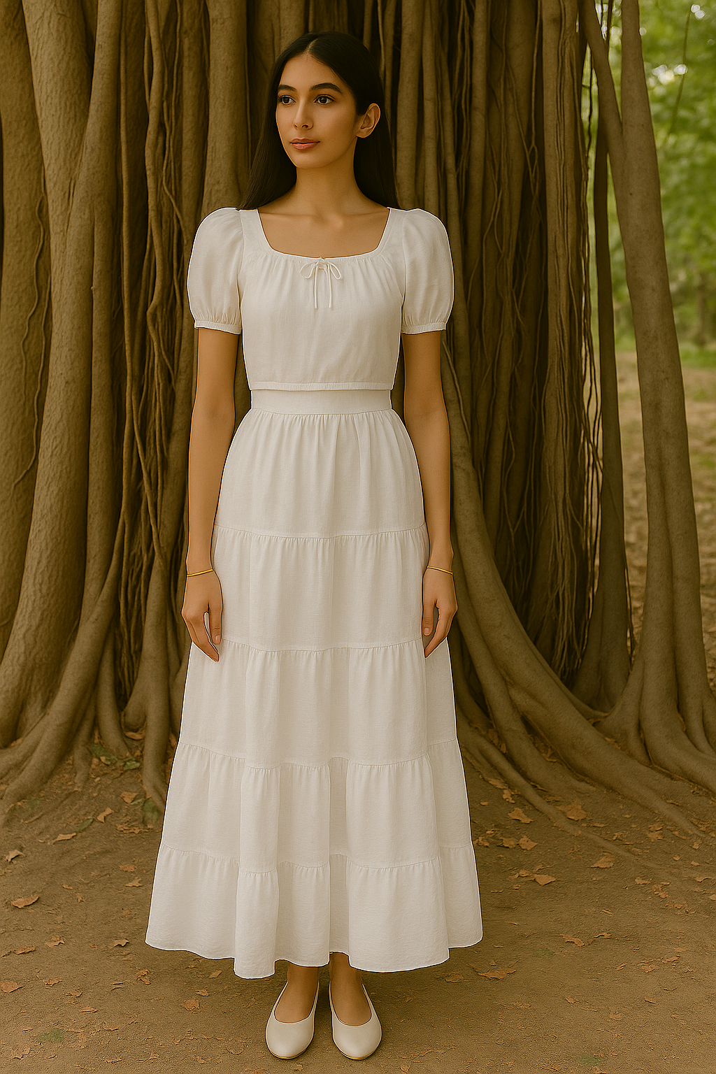 Cotton Lawn Co-ord Set with Puff Sleeve Top & Tiered Maxi Skirt