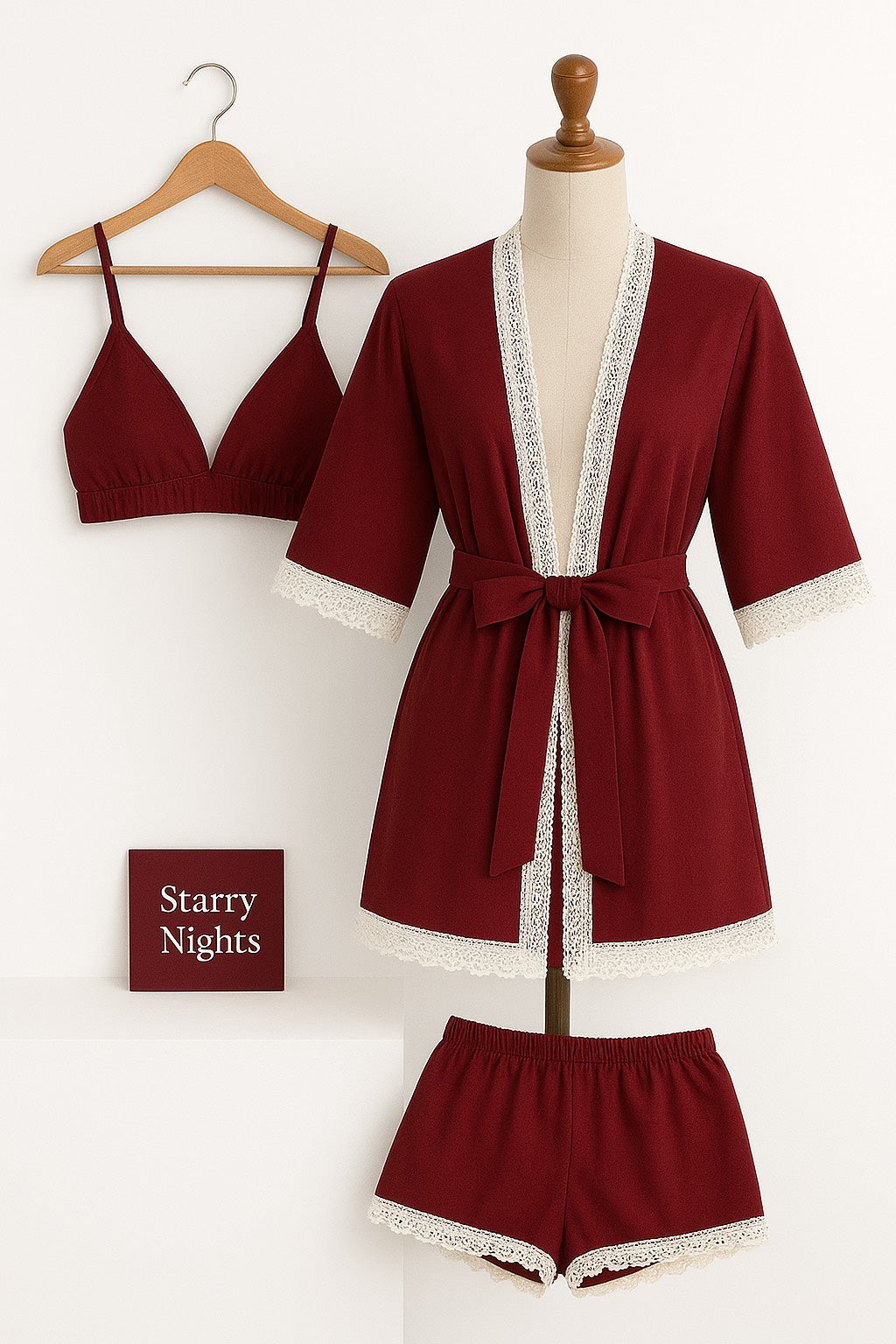 (30%) OFF - 3pc Cotton Loungewear Set – Robe, Bralette & Shorts