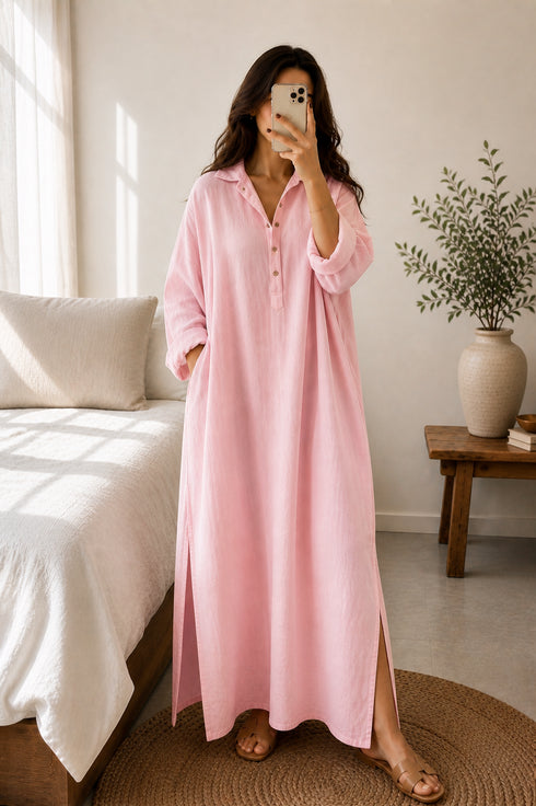 Summer Linen Maxi Shirt (Free Size) – Loose Fit Lounge Wear