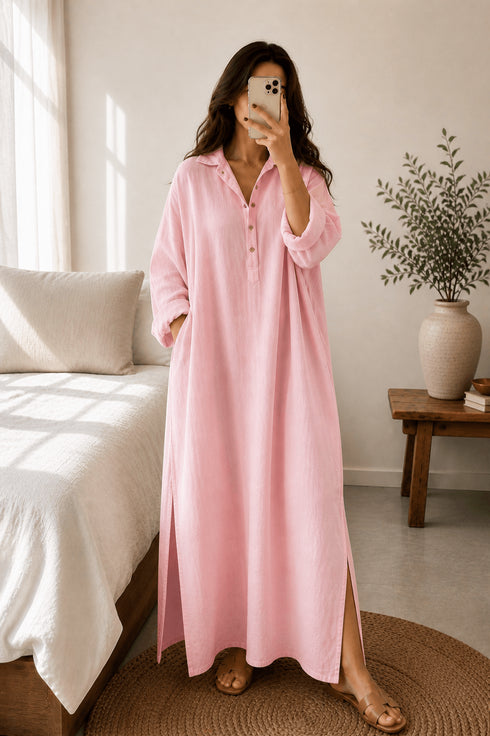 Summer Linen Maxi Shirt (Free Size) – Loose Fit Lounge Wear
