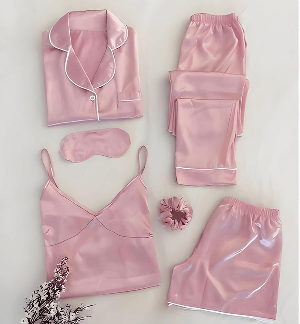 Blush Whisper – 6-Piece Luxury Silk Sleepwear Ensemble