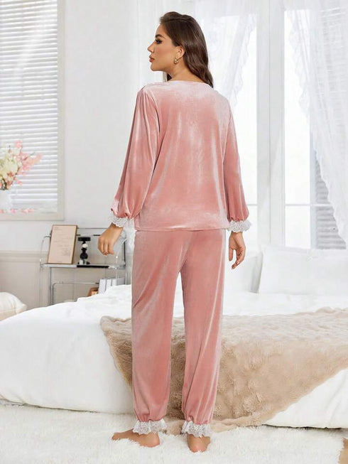 (30%) OFF - Velvet Lacy Shirt and Trouser Set