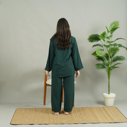 BOTTLE GREEN SOLID LINEN PJS.