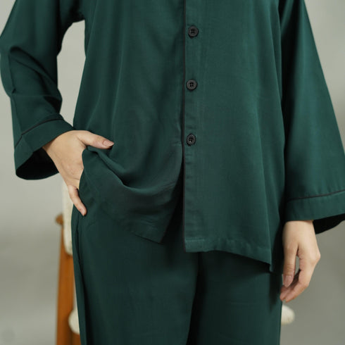 BOTTLE GREEN SOLID LINEN PJS.
