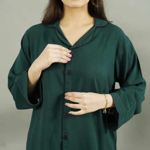 BOTTLE GREEN SOLID LINEN PJS.