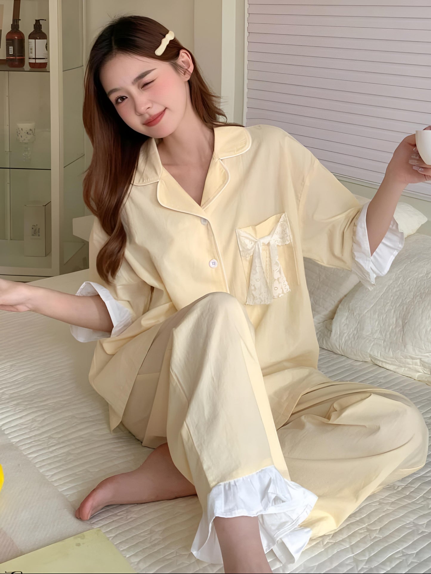 (30%) OFF - Cotton Lace-Trim Pajama Set – Elegant & Ultra-Comfy
