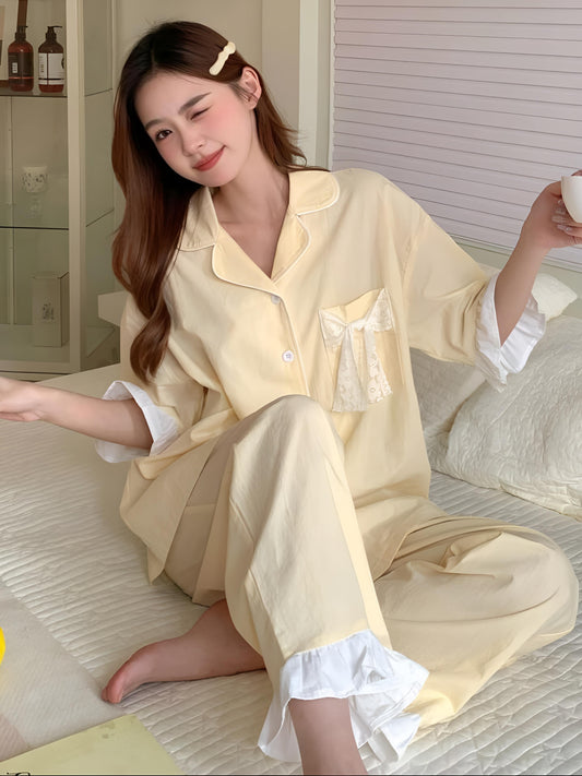 (30%) OFF - Cotton Lace-Trim Pajama Set – Elegant & Ultra-Comfy