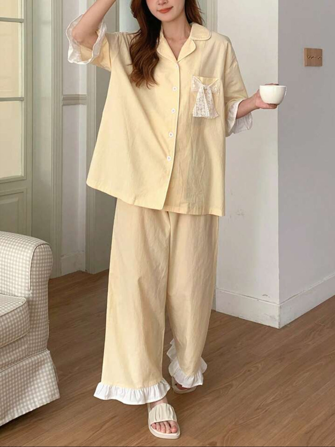 (30%) OFF - Cotton Lace-Trim Pajama Set – Elegant & Ultra-Comfy