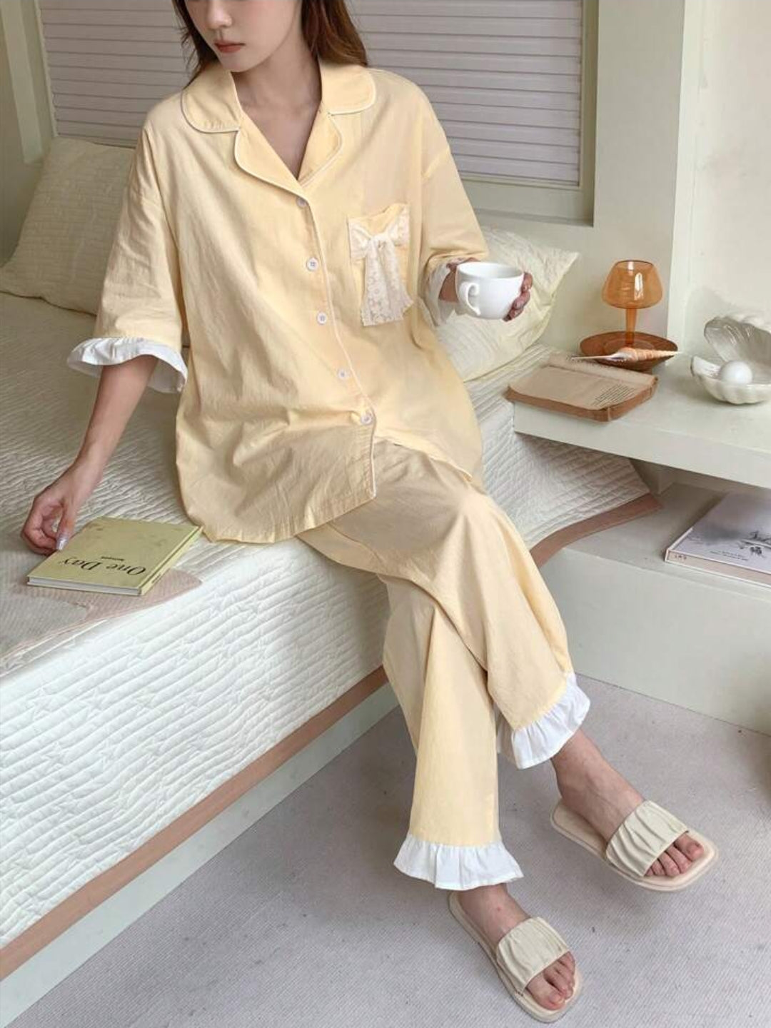 Cotton Lace-Trim Pajama Set – Elegant & Ultra-Comfy