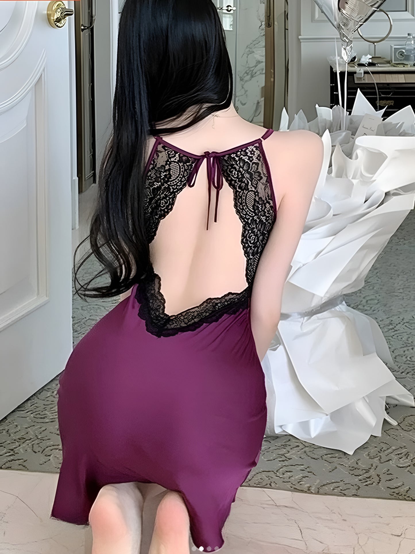 Midnight Amethyst Elegance – Satin & Lace Nightwear Set
