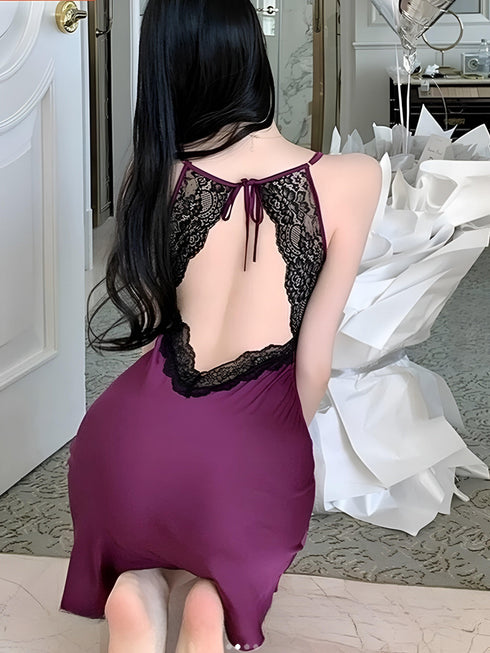 (30%) OFF - Midnight Amethyst Elegance – Satin & Lace Nightwear Set