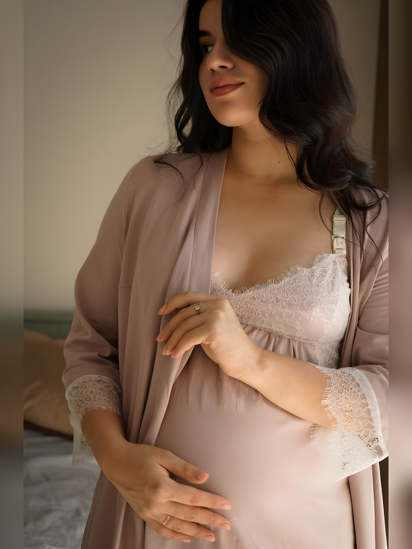 Maternity Cotton Robe 2pc Set - Kimono Lacy Style