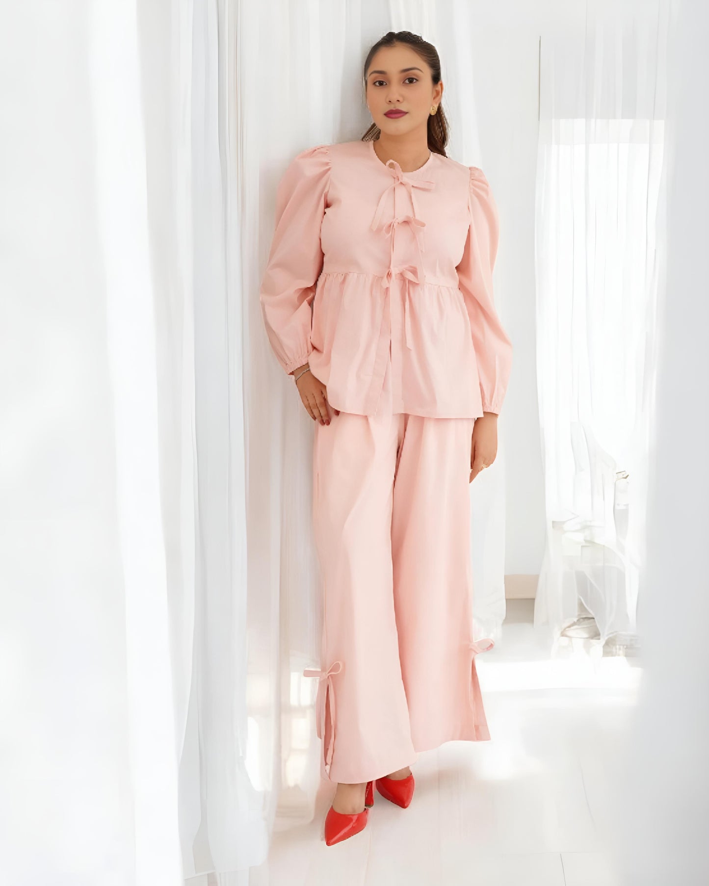 Cotton Bow-Tie Co-Ord Set – Chic Comfort in Pastel Hues
