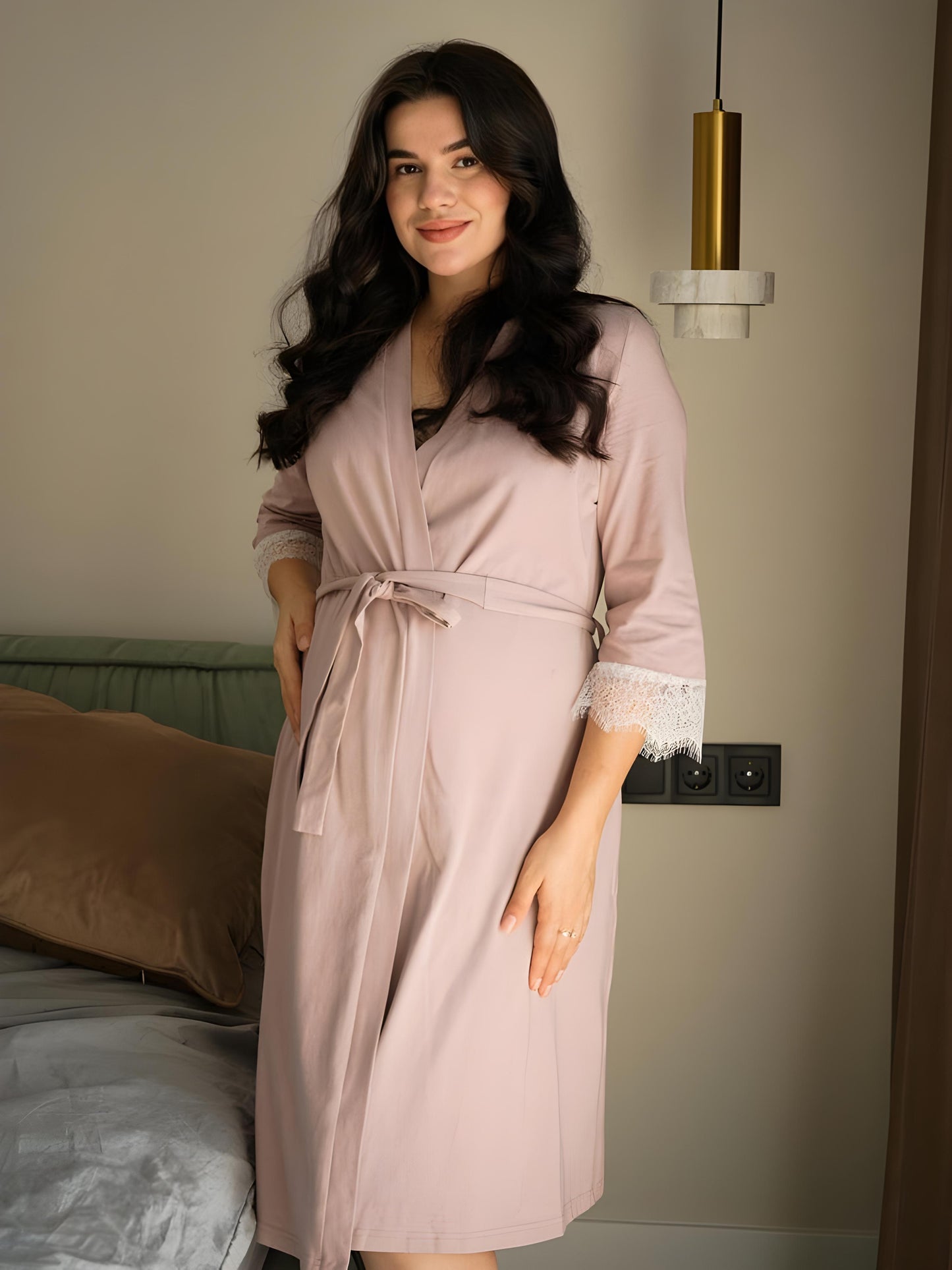 Maternity Cotton Robe 2pc Set - Kimono Lacy Style