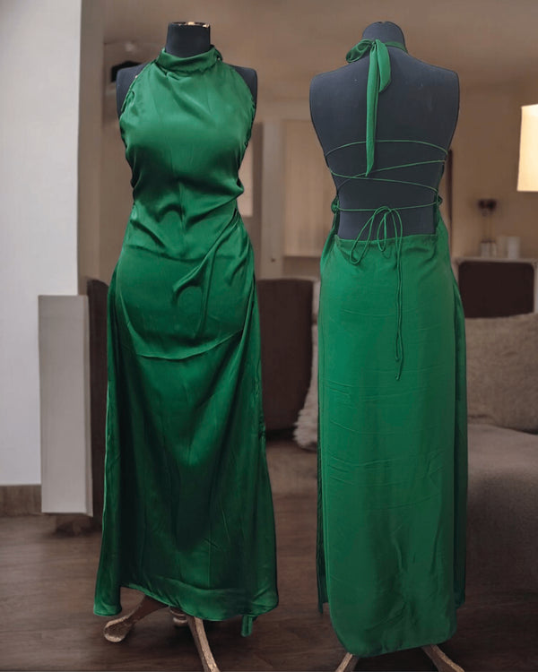 Elegant Silk Halter Neck Backless Maxi