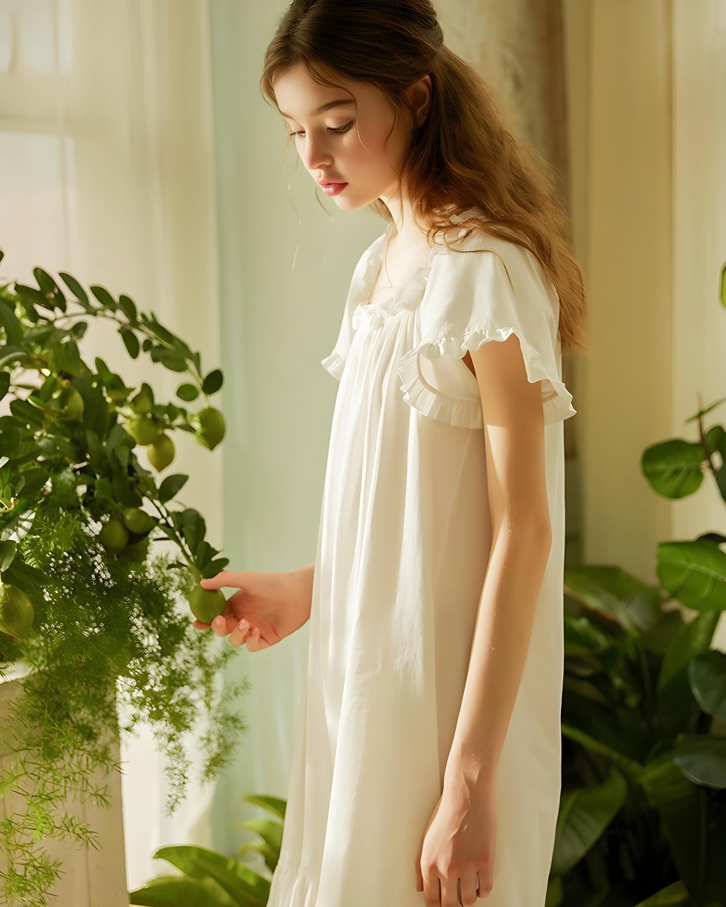 Elegant Ruffle-Trimmed Cotton Nightdress
