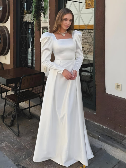Silky Royal Gown with Puff Sleeves