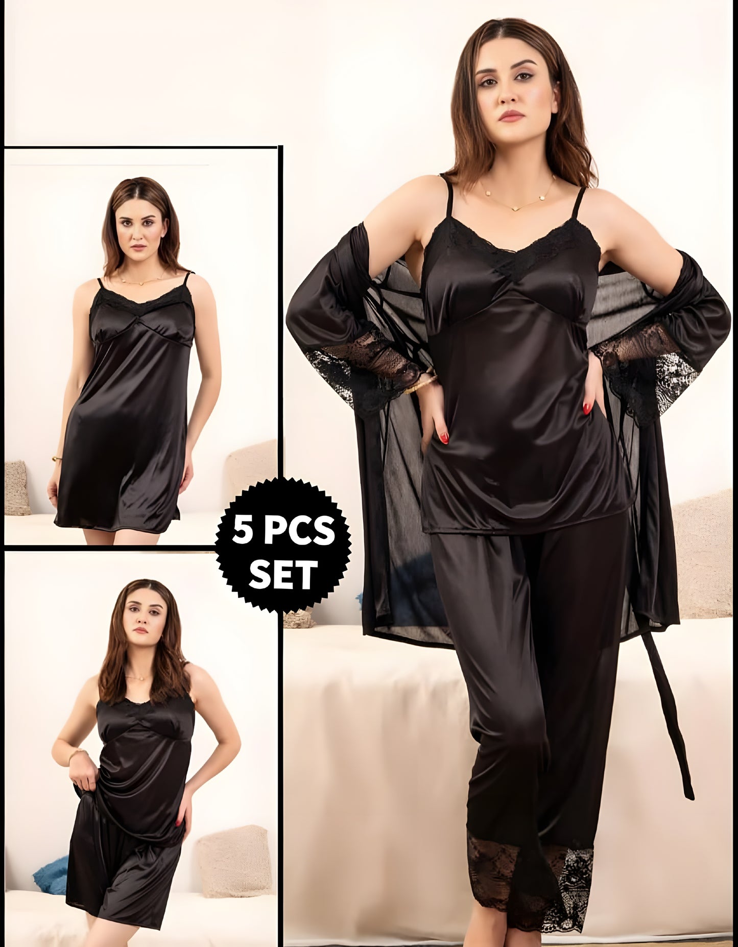 Elegance Defined – 5pc Silk Nightwear Set