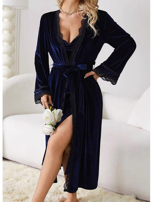 (30%) OFF - Midnight Reverie: Velvet Maxi & Luxe Robe - 2pc Set
