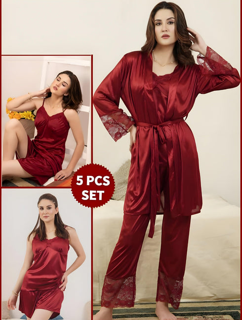 Elegance Defined β 5pc Silk Nightwear Set