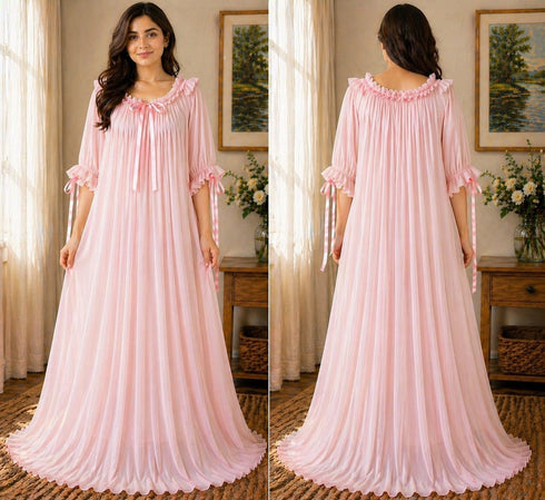 Women’s Premium Pleated Georgette Maxi Night Dress – Soft Flowy Lounge Wear with Ruffle Neckline