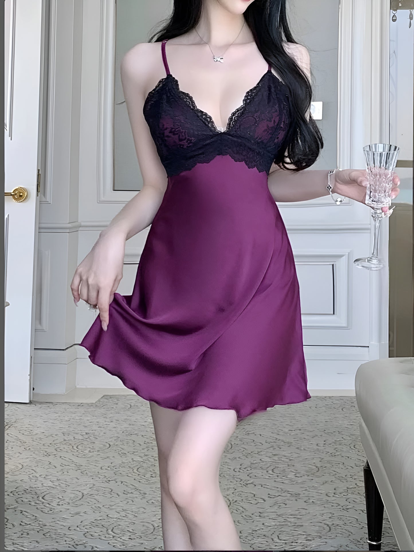 Midnight Amethyst Elegance – Satin & Lace Nightwear Set