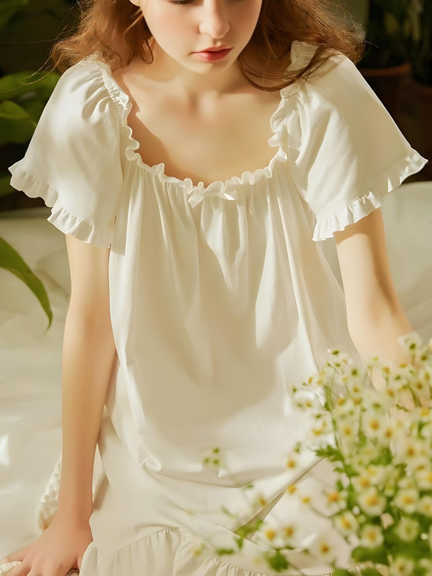 Elegant Ruffle-Trimmed Cotton Nightdress