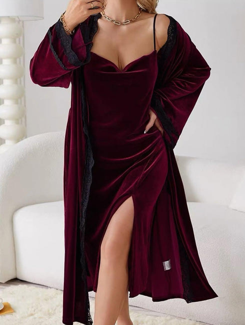 (30%) OFF - Midnight Reverie: Velvet Maxi & Luxe Robe - 2pc Set