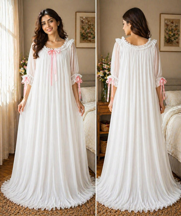 Women’s Premium Pleated Georgette Maxi Night Dress – Soft Flowy Lounge Wear with Ruffle Neckline