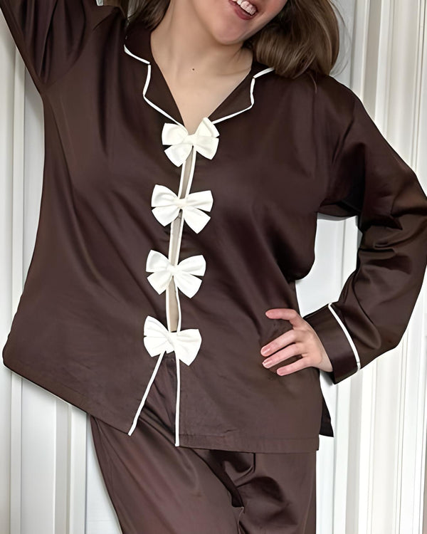 (30%) OFF - Classic Cotton Bow-Accent Pajama Set – Elegant and Comfortable Nightwear