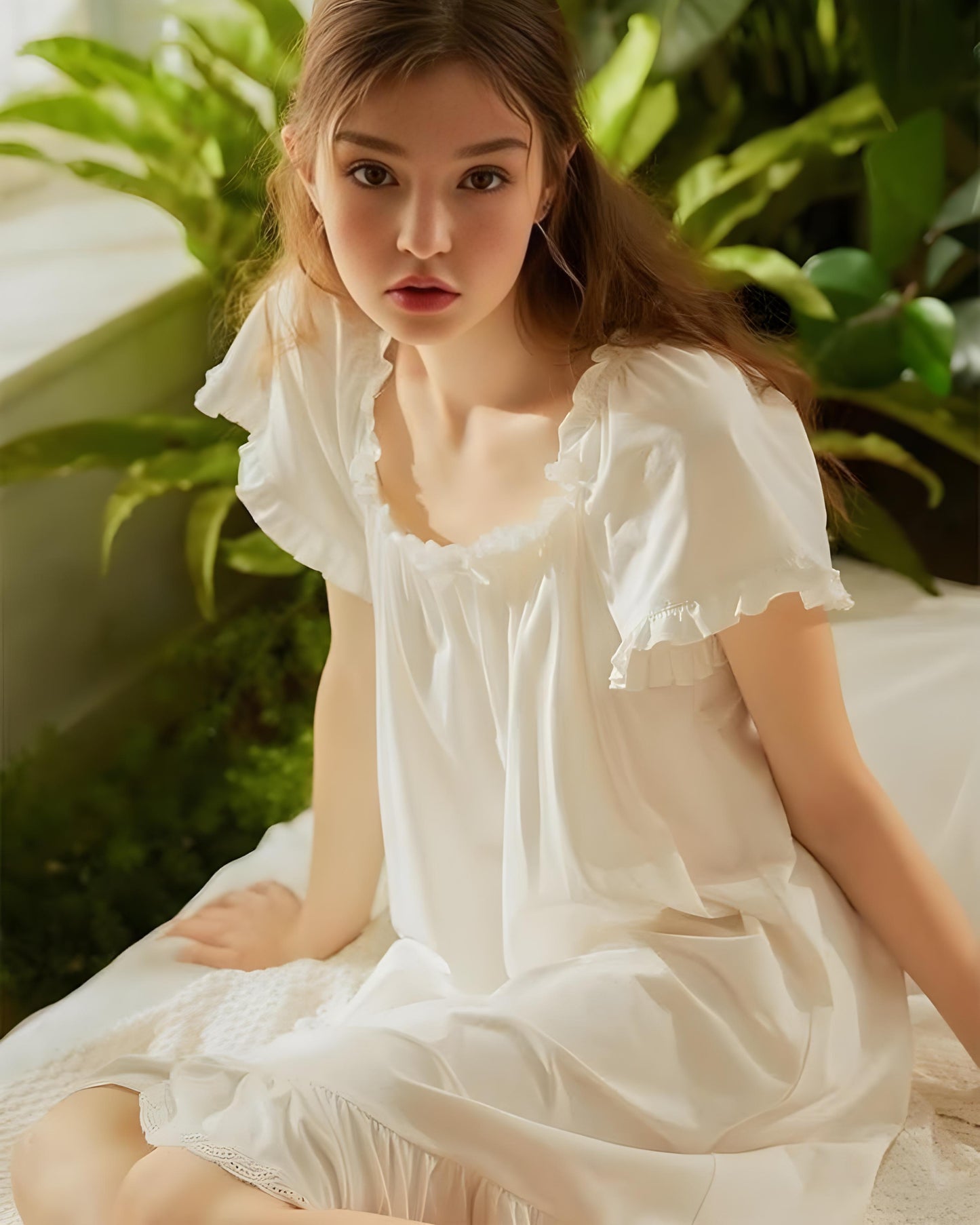Elegant Ruffle-Trimmed Cotton Nightdress