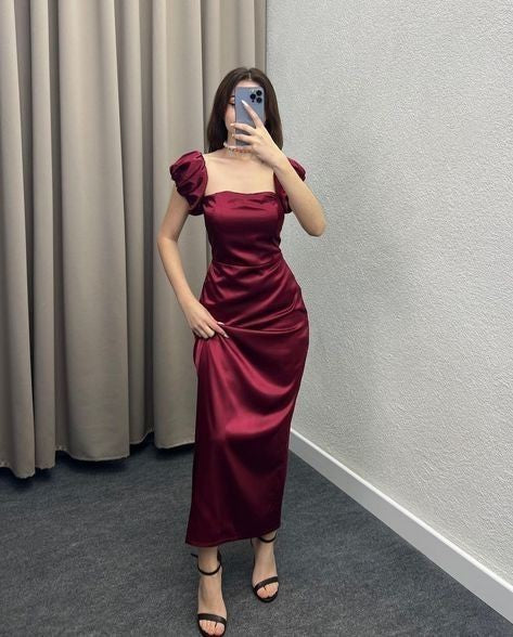 Silk Puff Sleeve Bodycon Midi Dress