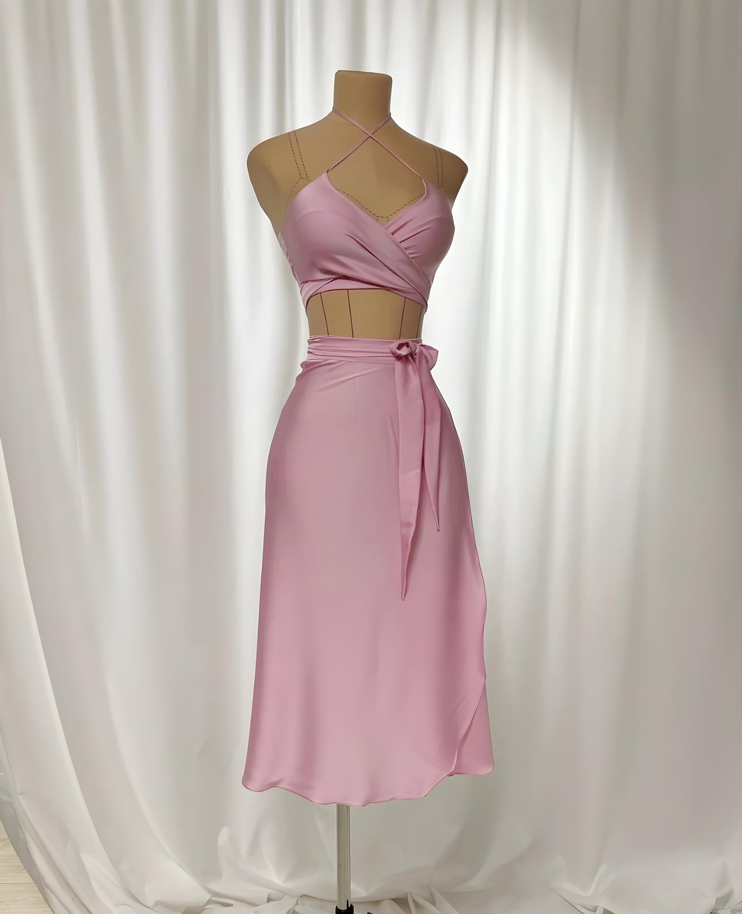 Luxury Silk Halter Wrap Midi Dress - Elegant and Versatile Evening Wear