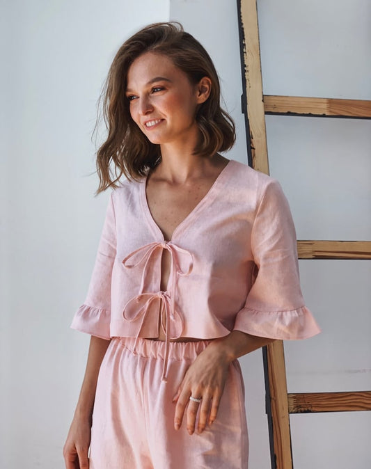 (30%) OFF - Cotton Tie-Front Ruffle Co-ord Set