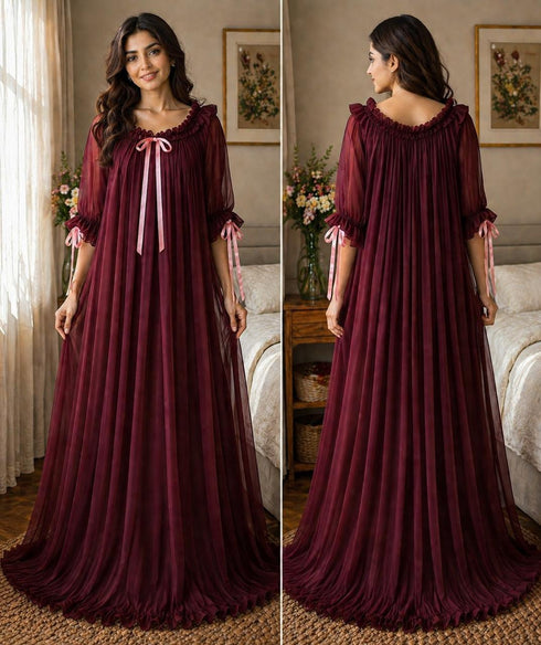 Women’s Premium Pleated Georgette Maxi Night Dress – Soft Flowy Lounge Wear with Ruffle Neckline