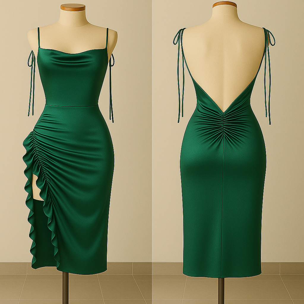 Silk Ruched Midi Dress with Side Ruffle & Deep Back – Starry Nights
