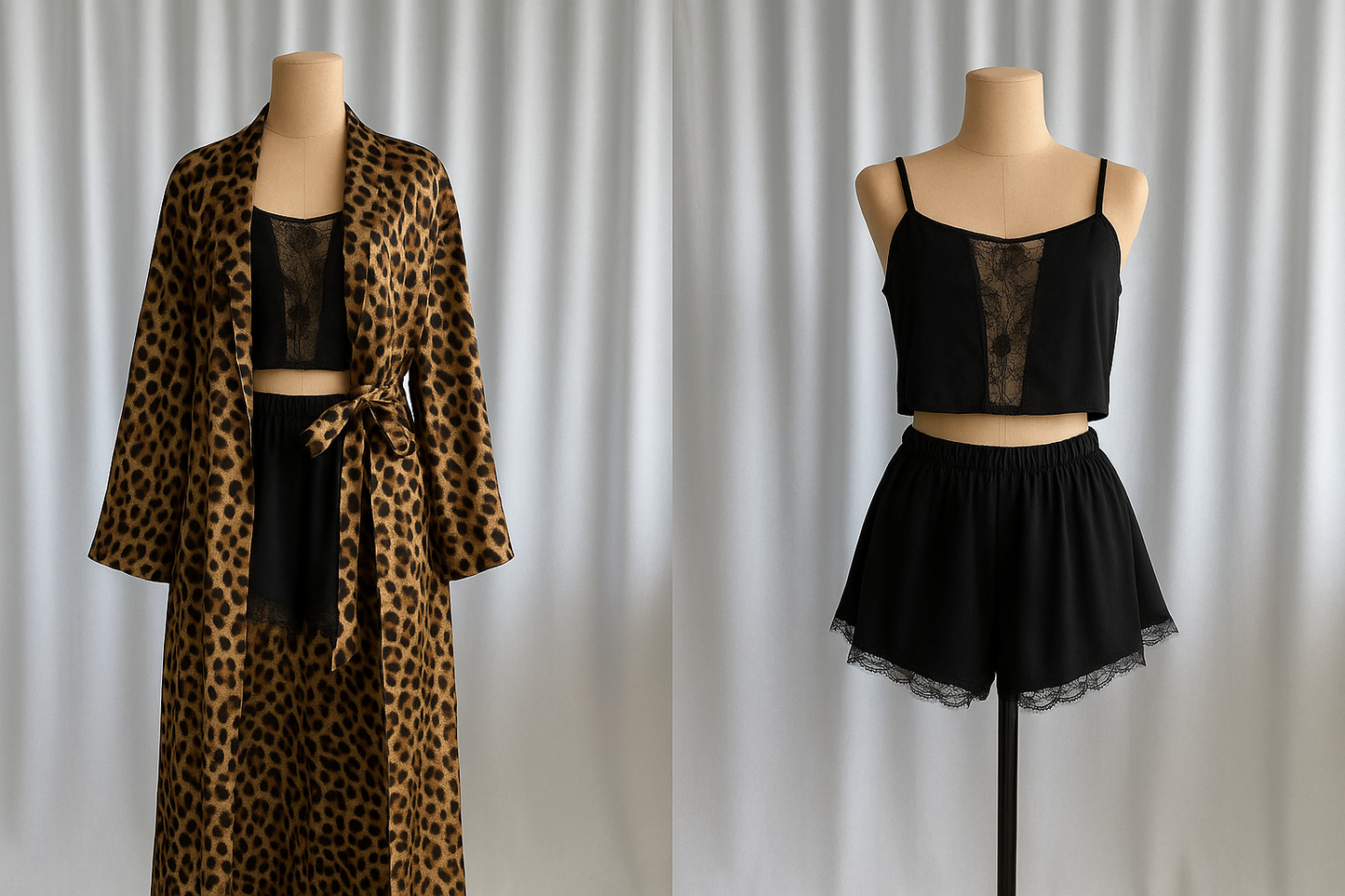 (30%) OFF - Leopard Robe with Black Lace Cami & Shorts Set
