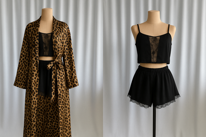 (30%) OFF - Leopard Robe with Black Lace Cami & Shorts Set