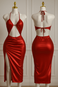 (30%) OFF - Silk Halter Cut-Out Bodycon Midi Dress with Side Slit