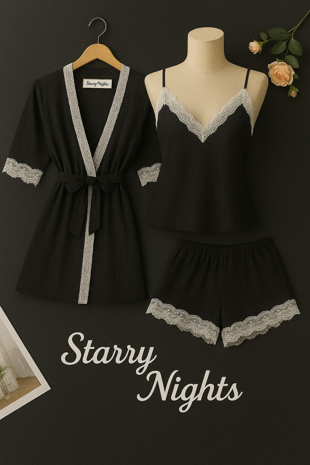 3-Piece Cotton Loungewear Set -Robe, Cami & Shorts | Lace Trim Sleepwear by Starry Nights