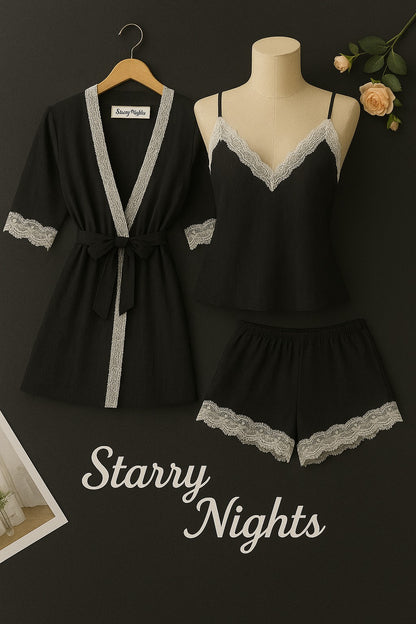 3-Piece Cotton Loungewear Set -Robe, Cami & Shorts | Lace Trim Sleepwear by Starry Nights