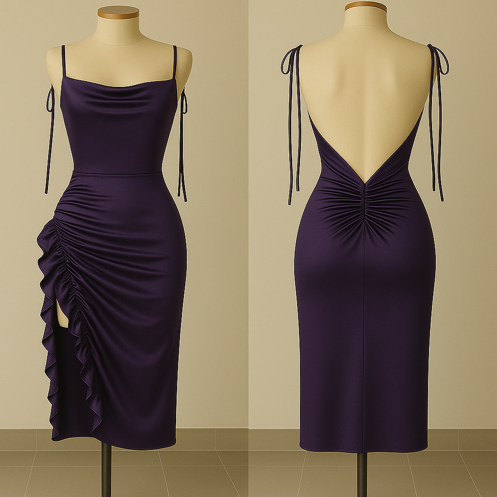 Silk Ruched Midi Dress with Side Ruffle & Deep Back – Starry Nights
