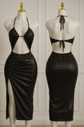 Silk Halter Cut-Out Bodycon Midi Dress with Side Slit