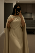Elegant Beige Cape Gown – Minimalist Luxe