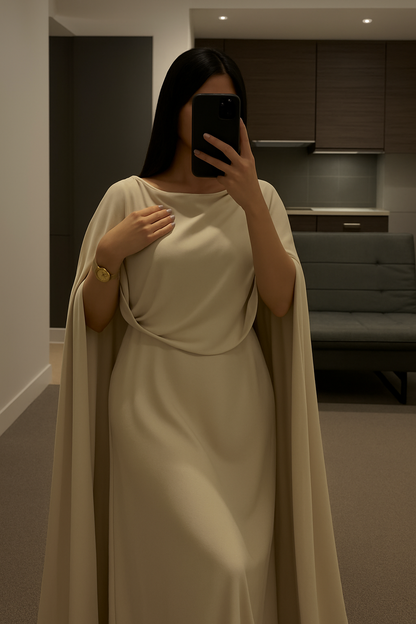(30%) OFF - Elegant Beige Cape Gown – Minimalist Luxe