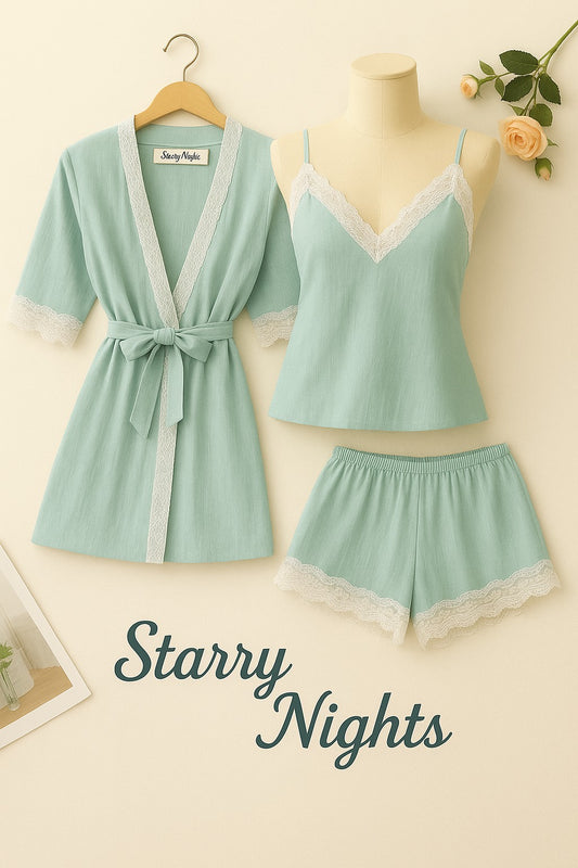 3-Piece Cotton Loungewear Set -Robe, Cami & Shorts | Lace Trim Sleepwear by Starry Nights
