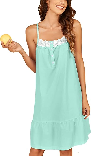 Cotton Lace Nightgown Sleeveless Sleep Dress Victorian Sleepshirt Button Strap Gown