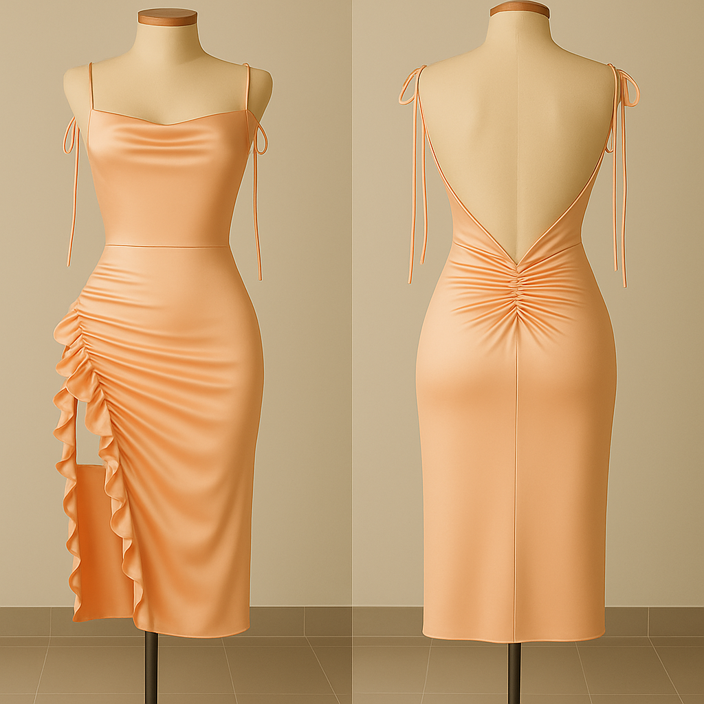Silk Ruched Midi Dress with Side Ruffle & Deep Back – Starry Nights