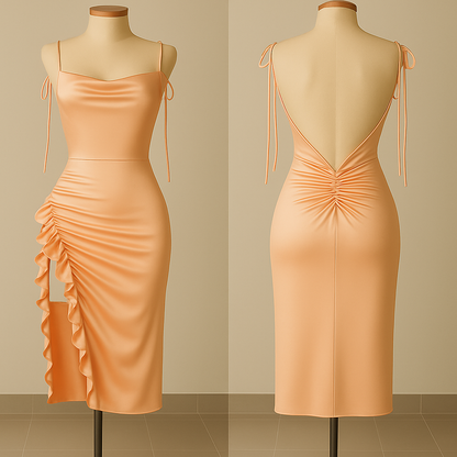 Silk Ruched Midi Dress with Side Ruffle & Deep Back – Starry Nights